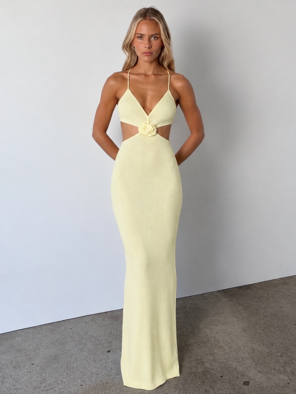 More to Come Kacey Yellow Rosette Cutout Knit Maxi Dress Small NWT